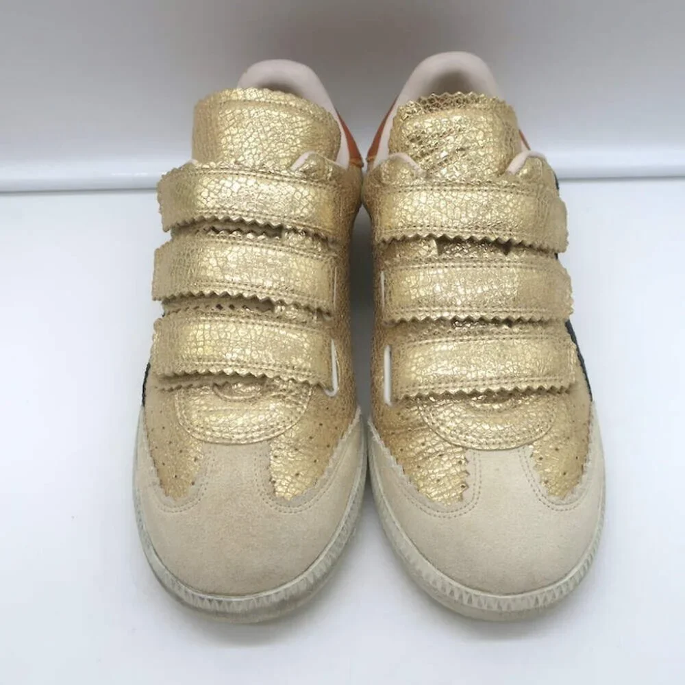 Isabel Marant Beth Lightning Bolt Sneakers Gold Metallic Cracked Leather Size 37 - Picture 4 of 13